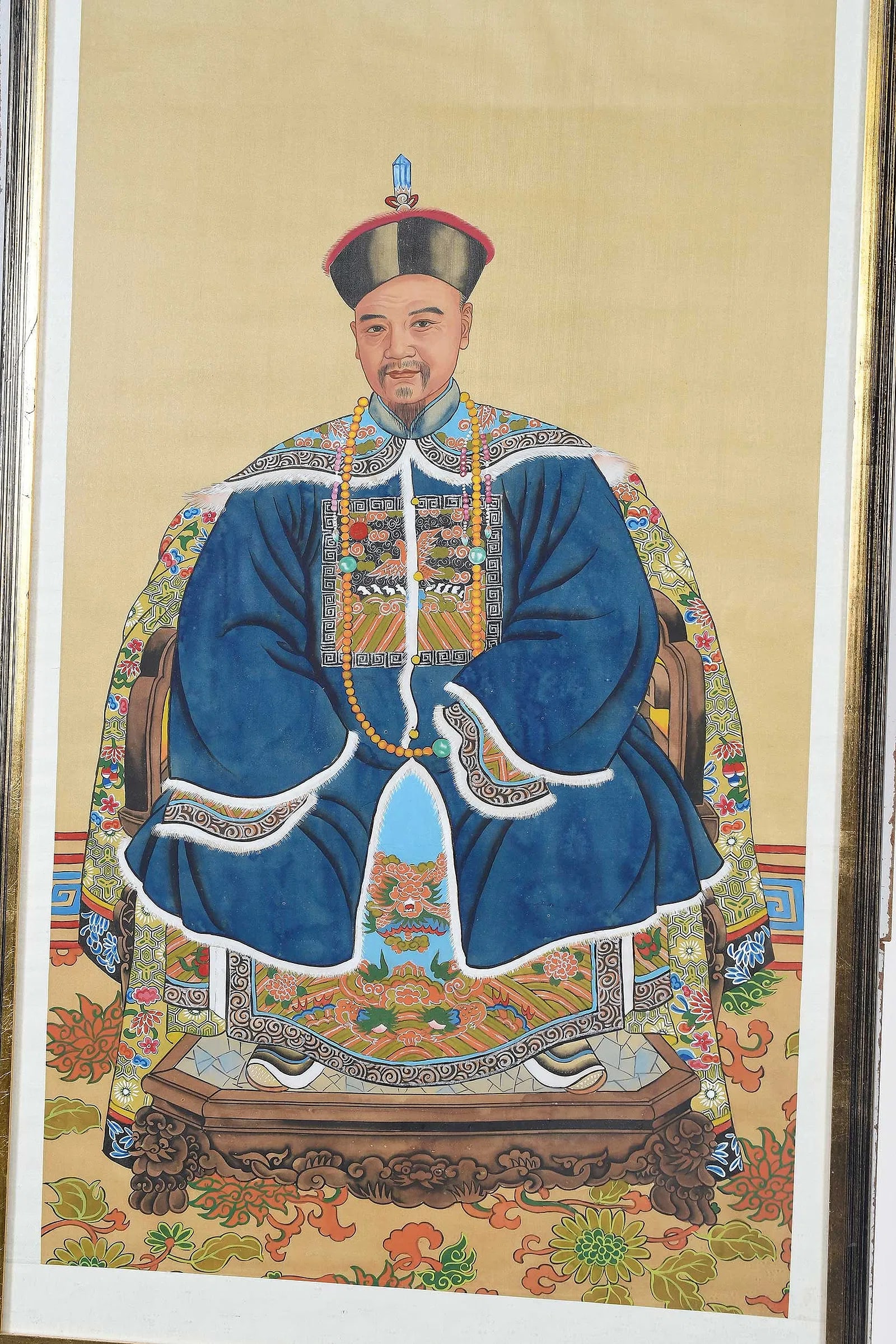 Pair Vintage Chinese Ancestral Painted on Silk Framed Portraits - 5