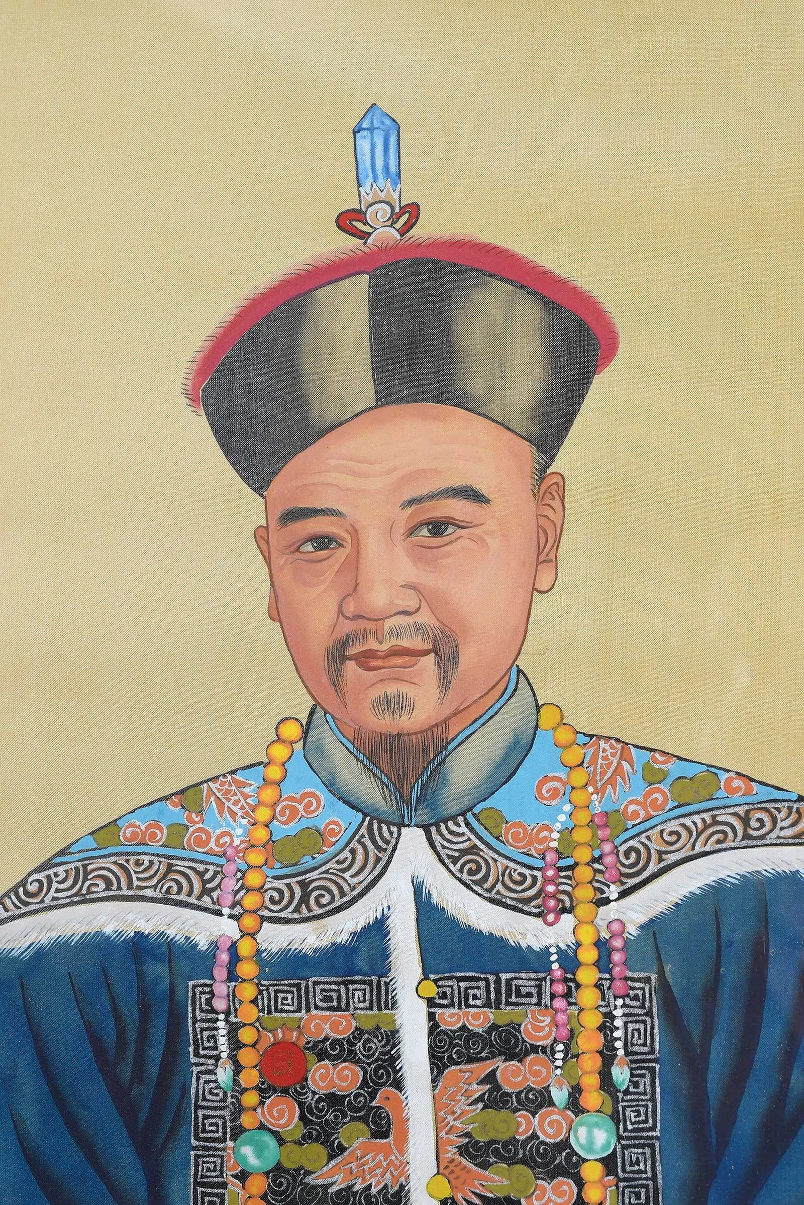 Pair Vintage Chinese Ancestral Painted on Silk Framed Portraits - 7