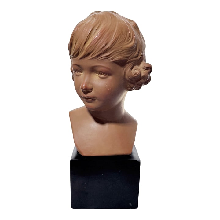 Antique L. Mirval French Art Deco Terracotta Pottery Child Bust Sculpture on Pedestal Base: Antique L. Mirval French Art Deco Terracotta Pottery Child Bust Sculpture on Pedestal Base For your consideration is a beautiful antique molded terracotta pottery bust of a young child, meticulously c