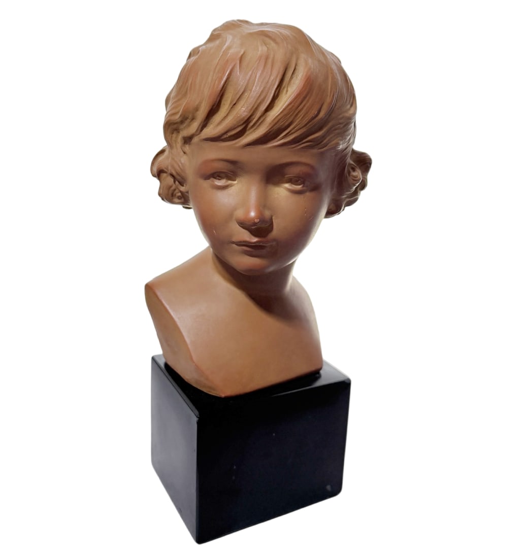 Antique L. Mirval French Art Deco Terracotta Pottery Child Bust Sculpture on Pedestal Base - 2