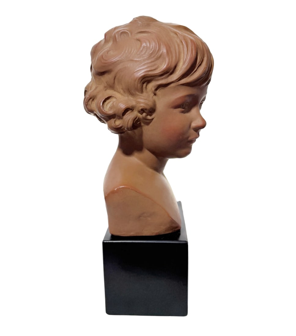 Antique L. Mirval French Art Deco Terracotta Pottery Child Bust Sculpture on Pedestal Base - 3