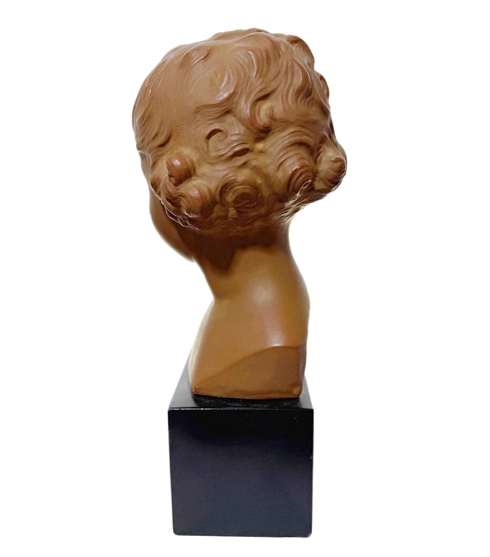 Antique L. Mirval French Art Deco Terracotta Pottery Child Bust Sculpture on Pedestal Base - 4