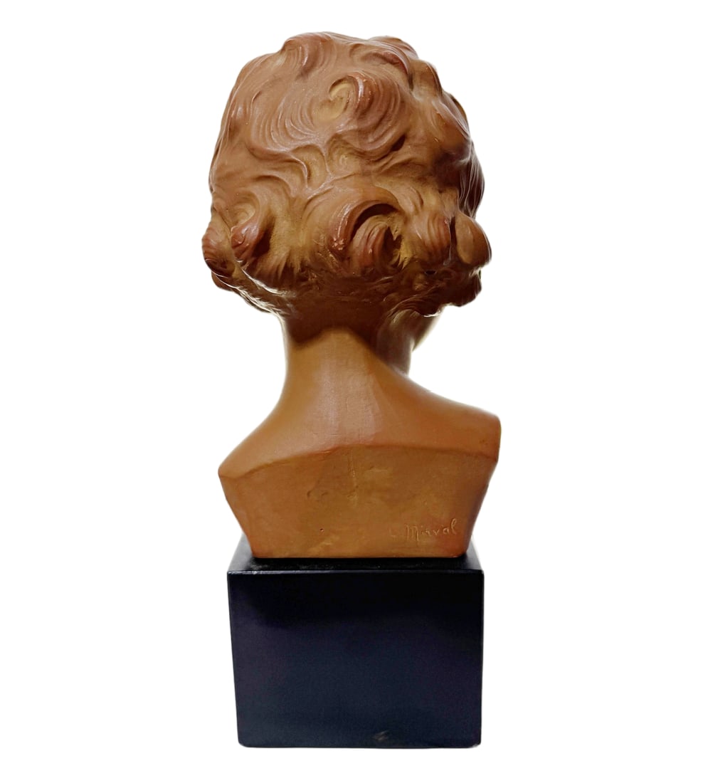Antique L. Mirval French Art Deco Terracotta Pottery Child Bust Sculpture on Pedestal Base - 5