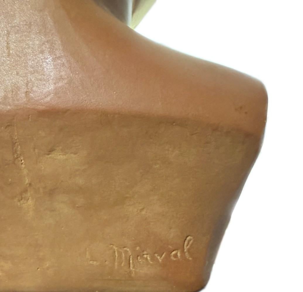 Antique L. Mirval French Art Deco Terracotta Pottery Child Bust Sculpture on Pedestal Base - 6