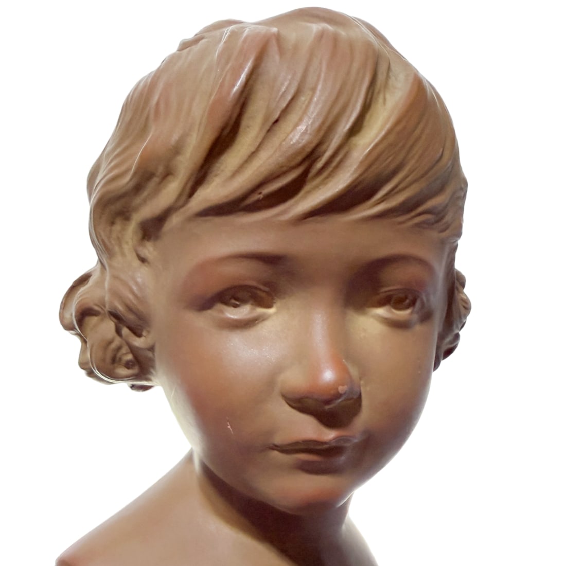 Antique L. Mirval French Art Deco Terracotta Pottery Child Bust Sculpture on Pedestal Base - 7