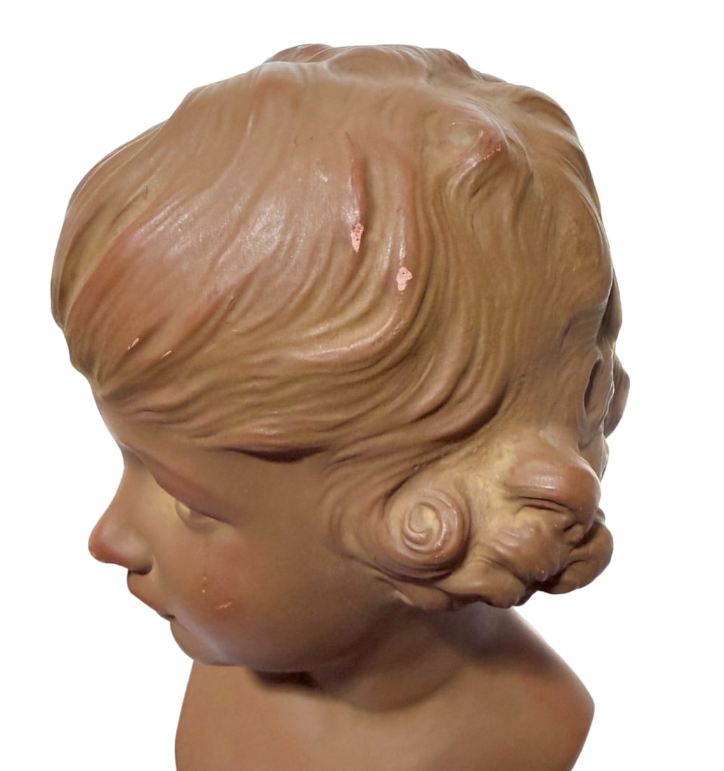 Antique L. Mirval French Art Deco Terracotta Pottery Child Bust Sculpture on Pedestal Base - 8