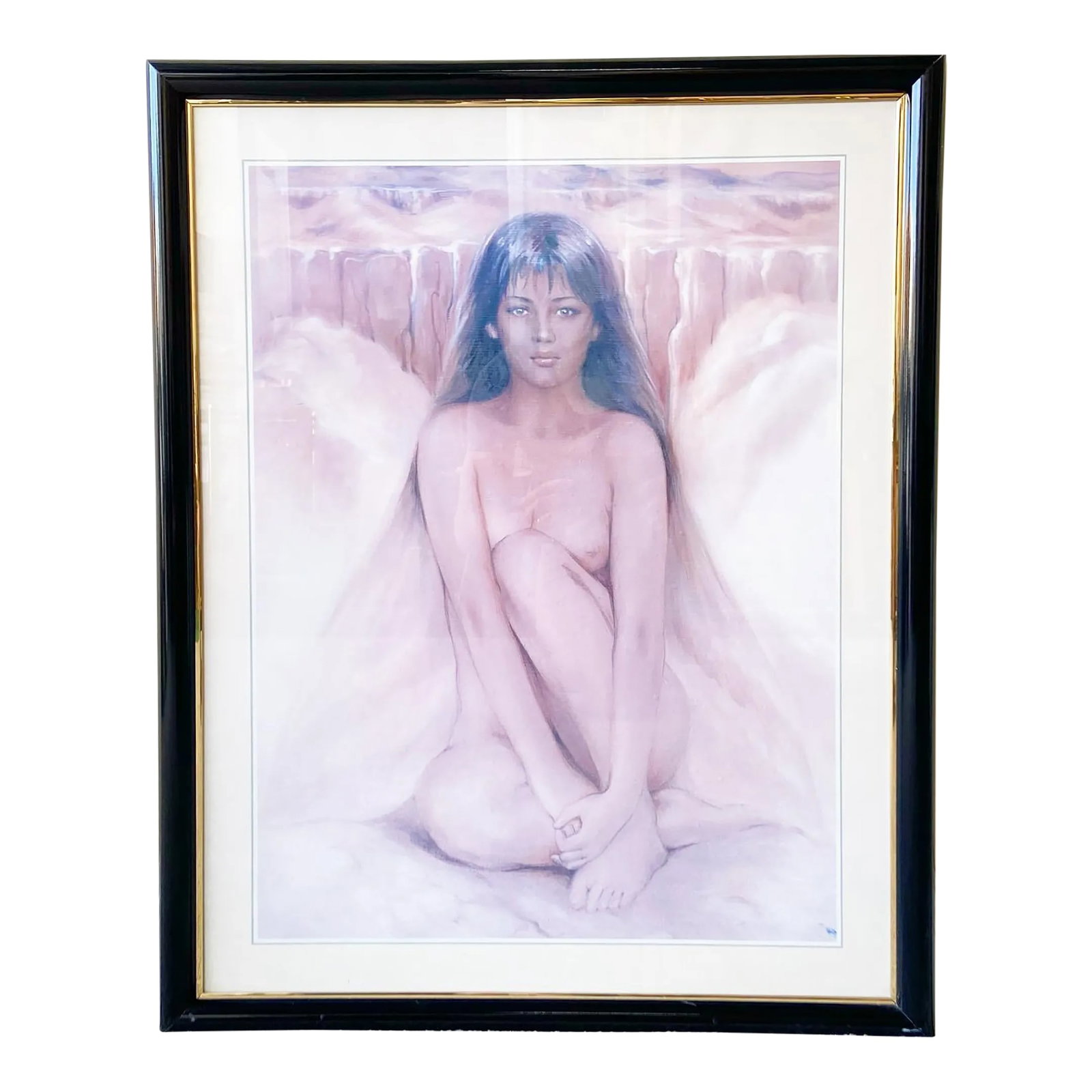 Vintage Nude Women Siting Framed Print: Capture serene vintage beauty with this framed print of a seated nude woman. Featuring soft pastel tones and a contemplative pose, this artwork evokes a timeless elegance reminiscent of Florida's