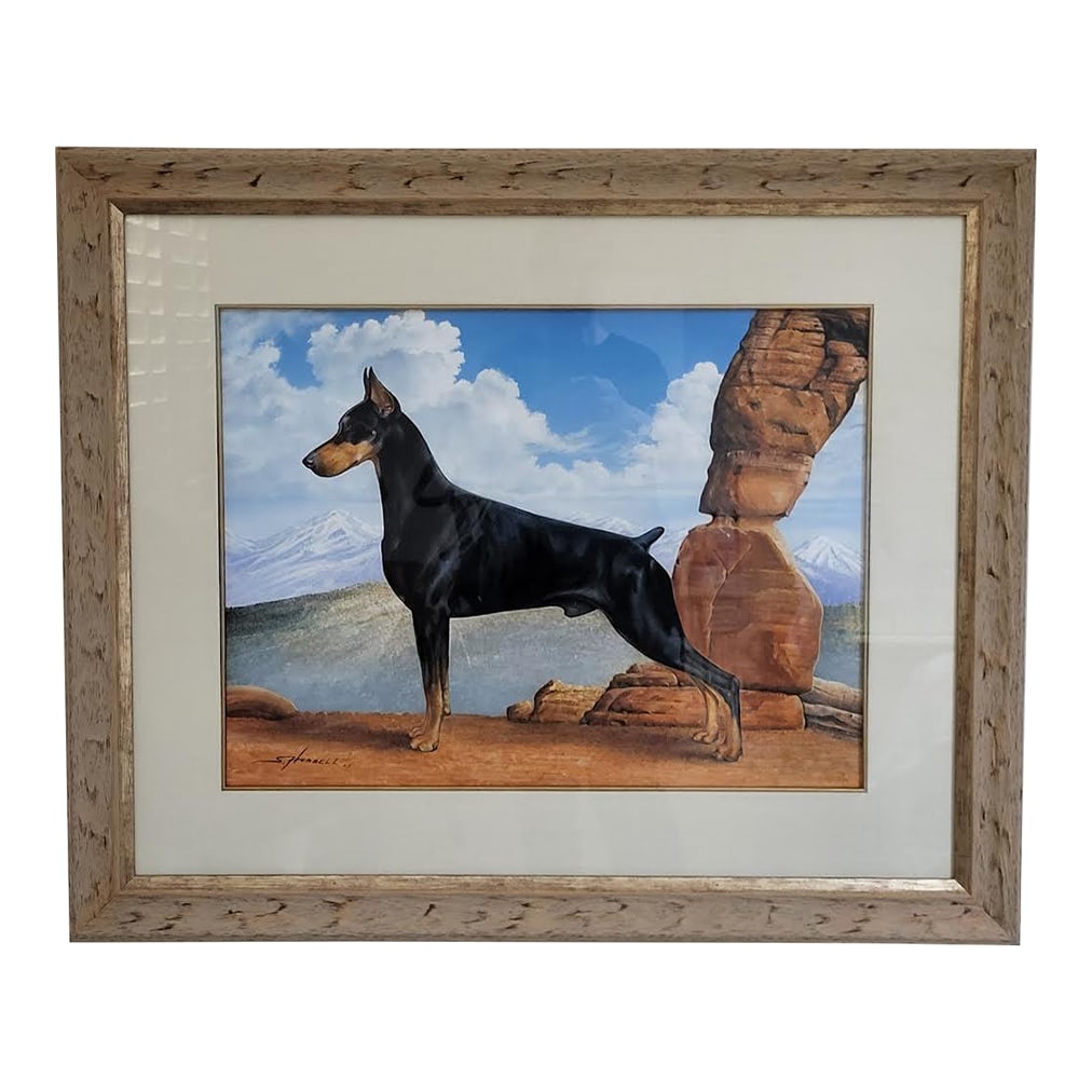 Stunning Painting Doberman Pinscher Male Dog - Red Rock Background: Stunning portrait painting of a black & tan Doberman Pinscher male dog depicted in a standing "show" pose with cropped ears. He is set against a landscape resembling the American Southwest, complete w