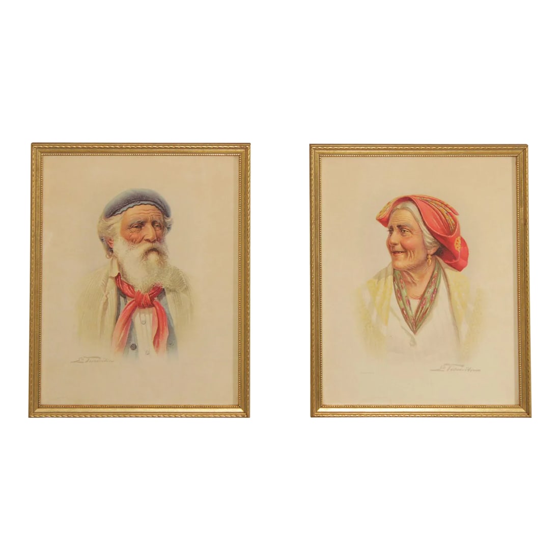 Antonio Enrico Fiorentino Italian Portrait Prints: Antonio Enrico Fiorentino (Italian, 1895-1962), Vintage 20th C. Man and Woman Portraits, Lithograph, Signed Lower Left on Male Portrait & Lower Right on Female, Custom Gold Frame Condition: