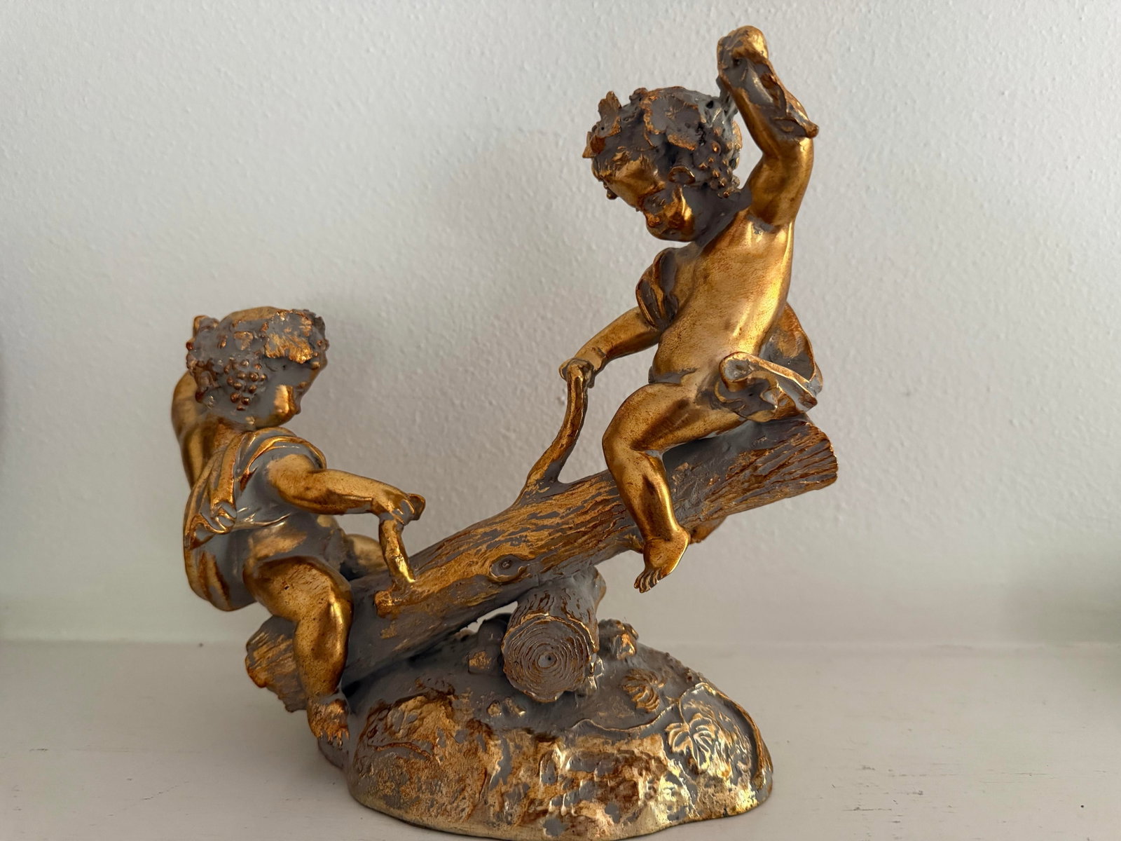 Vintage Sculpture of Gold Colored Cherubs on Log Seesaw - 2