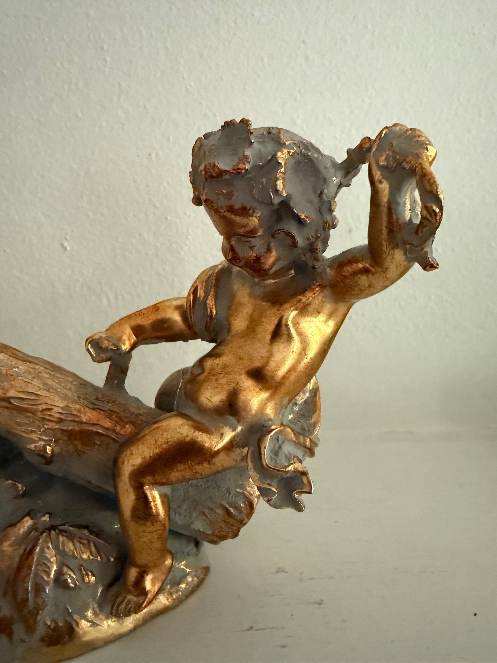 Vintage Sculpture of Gold Colored Cherubs on Log Seesaw - 3