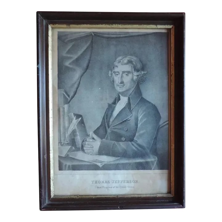 Early 19th Century American Black & White Portrait Print of President Thomas Jefferson: Antique early 19th c. American black and white portrait print of President Thomas Jefferson. Framed under glass in mahogany molding with gilt liner. Measures 15 5/8" x 11 5/8" framed. Good condition c