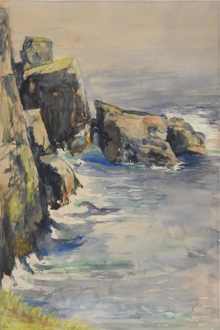 Antique Seaside Cliffs Watercolor Painting: Antique circa 1900 watercolor on paper rocky seacoast cliffs. Unsigned. Unframed, age toning. Condition: Alterations: Original Condition Unaltered Imperfections: Some Imperfections Condition Notes: