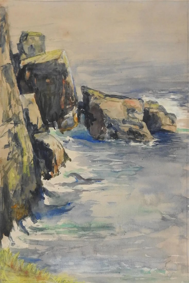Antique Seaside Cliffs Watercolor Painting - 3