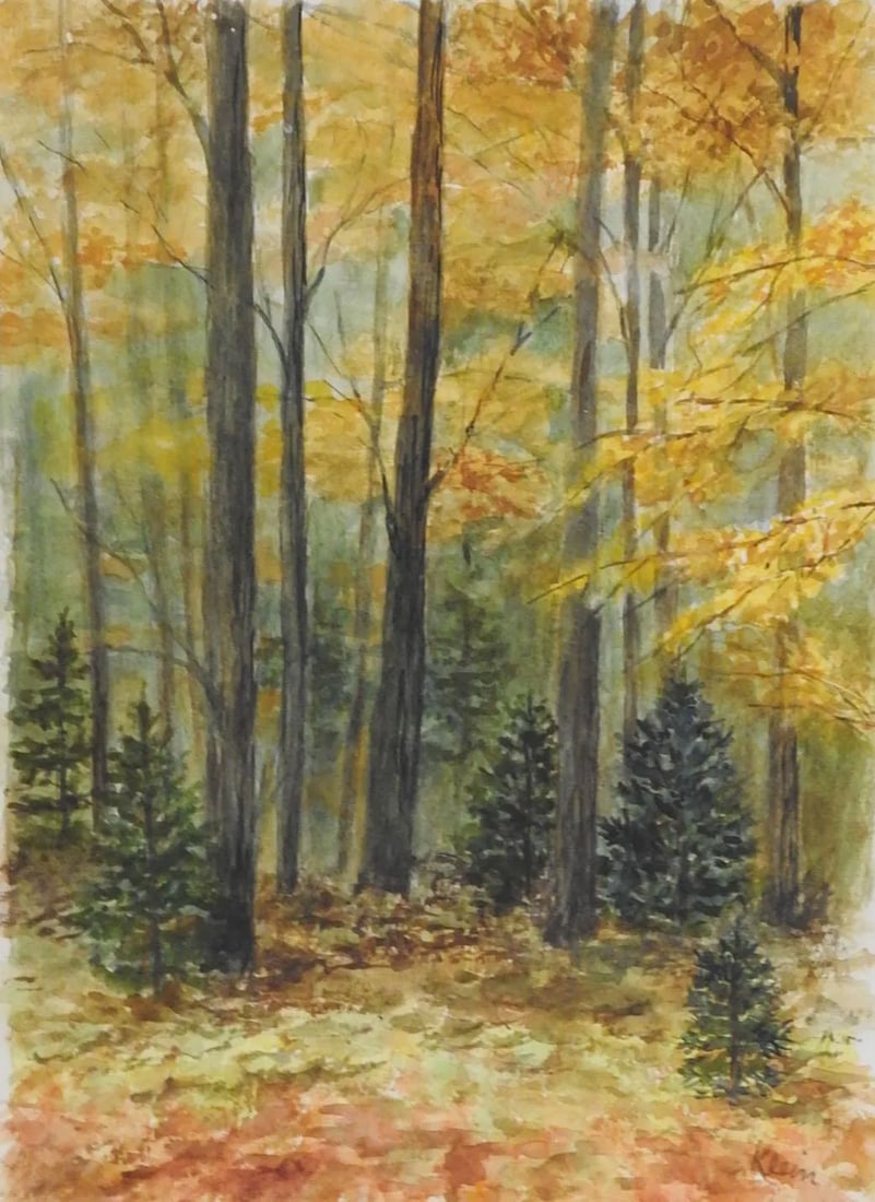 Vintage Autumn Woodland Landscape Watercolor Painting: Vintage watercolor on paper painting of autumn woodland forest. Signed Klein lower right. Unframed, age toning, edge wear. Condition: Alterations: Original Condition Unaltered Imperfections: Some