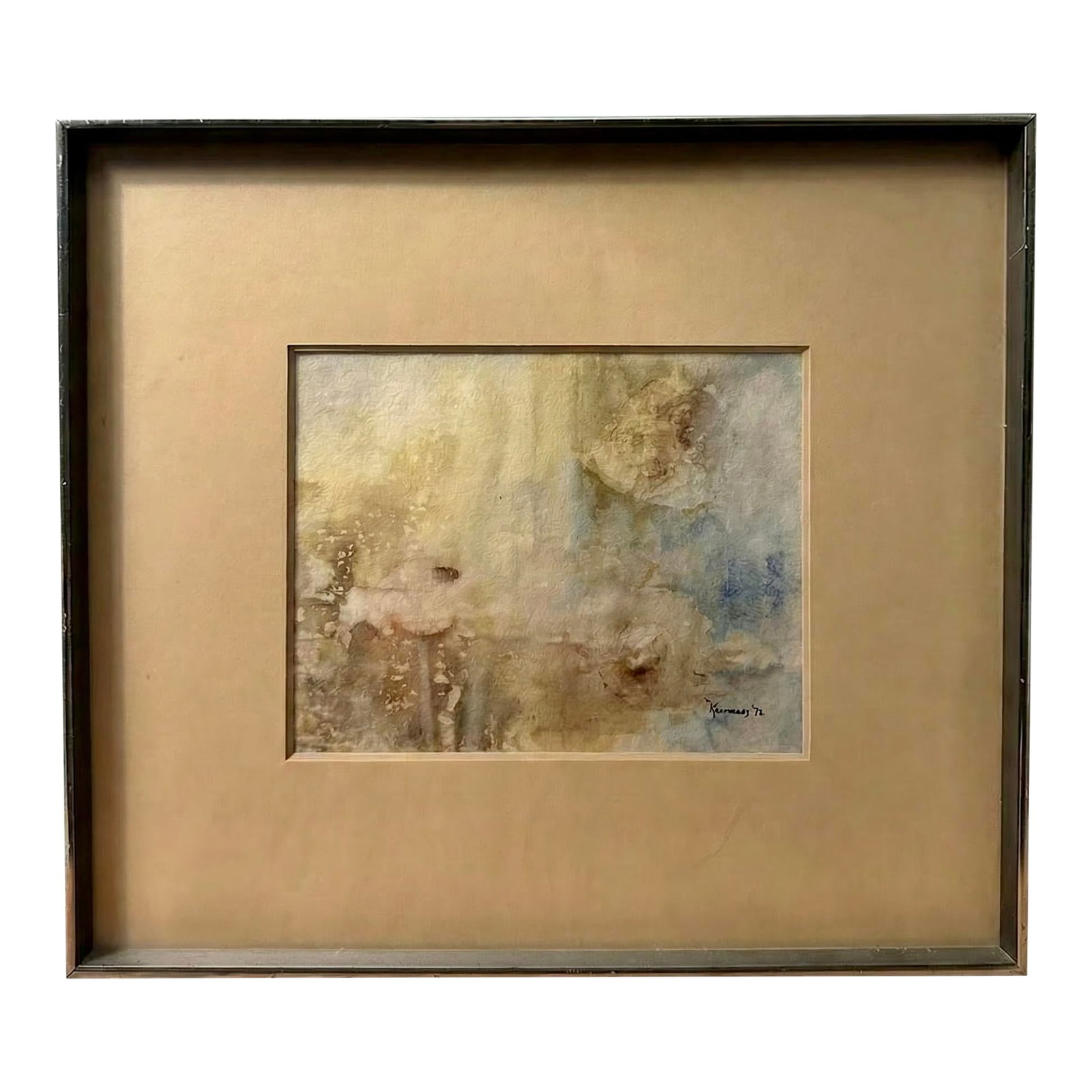 1974 Watercolor "Flows of Tenojoki River 2" by Osvald Timmas: This 1974 watercolor titled ." Flows of Tenojoki River 2" is by Estonian/Canadian Artist Osvald Timmas. Born in Estonia in 1913, Timmas studied at the University of Tartu majoring in Economics. He wor