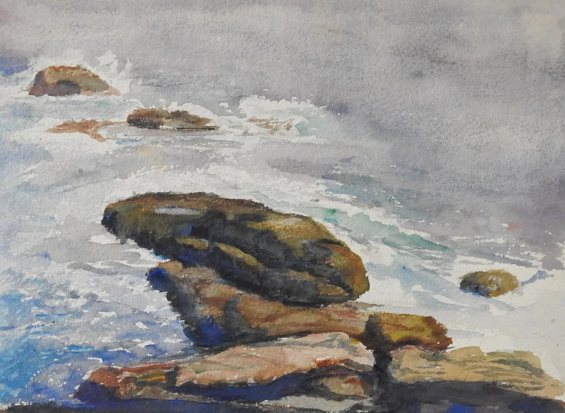 Antique Rocky Sea Coast Watercolor Painting: Antique circa 1900 watercolor on paper seashore painting. Unsigned. Unframed, age toning. Condition: Alterations: Original Condition Unaltered Imperfections: Some Imperfections Condition Notes: age to