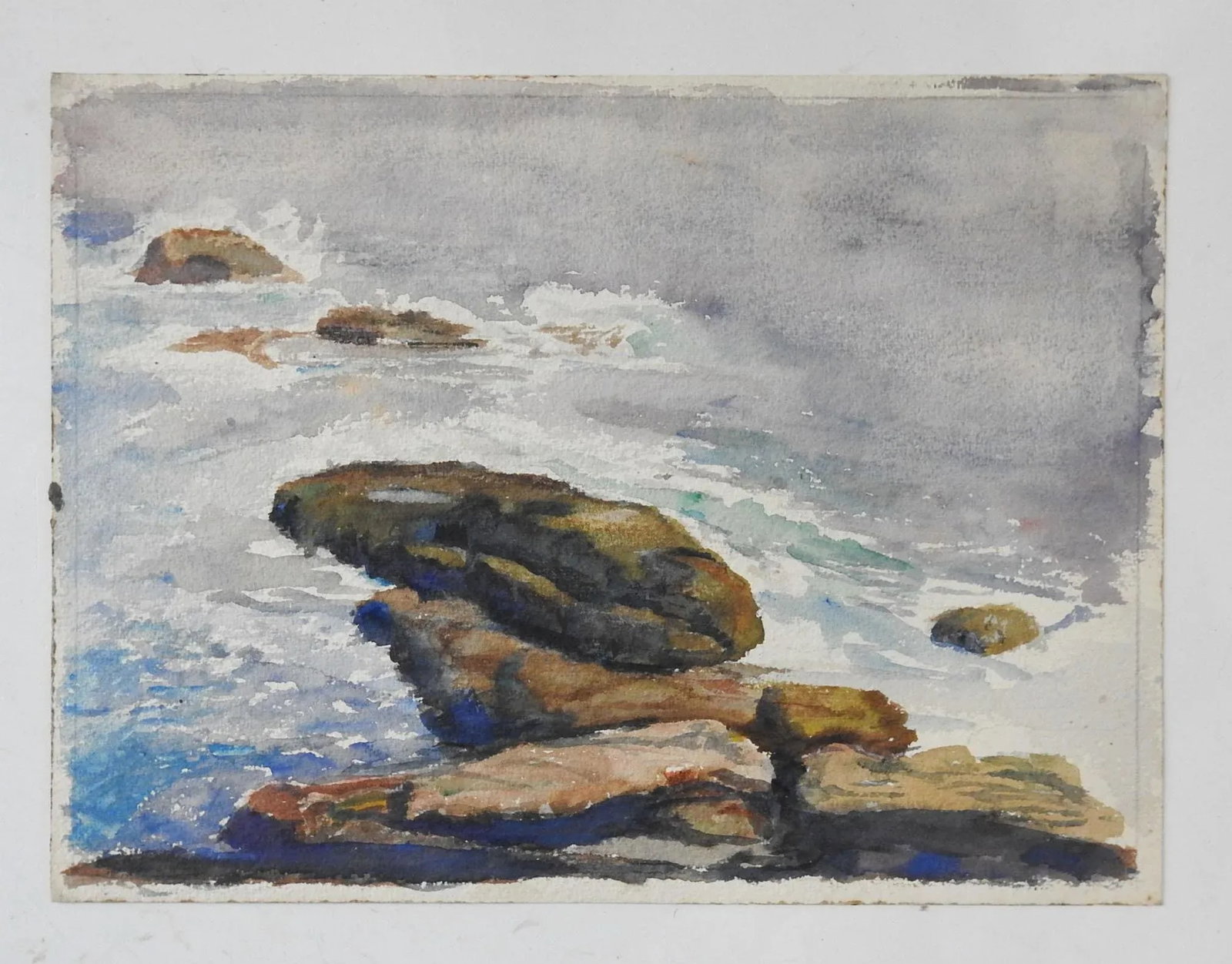 Antique Rocky Sea Coast Watercolor Painting - 2