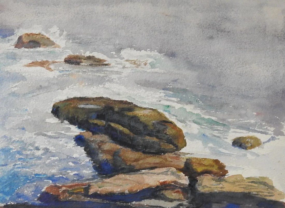 Antique Rocky Sea Coast Watercolor Painting - 3