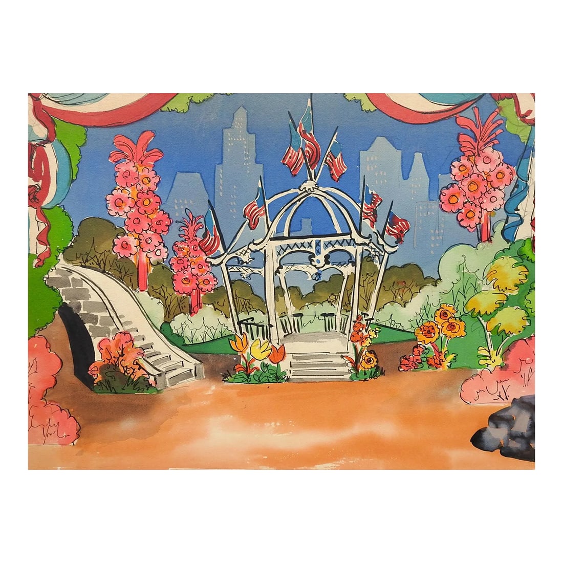 Vintage Mid Century 4th of July Gazebo & Park Scene Watercolor Painting: Vintage mid century watercolor on artist board painting. Patriotic 4th of July in the park setting with American flags and gazebo. Unsigned. Unframed, age toning, adhesive remains along edges.