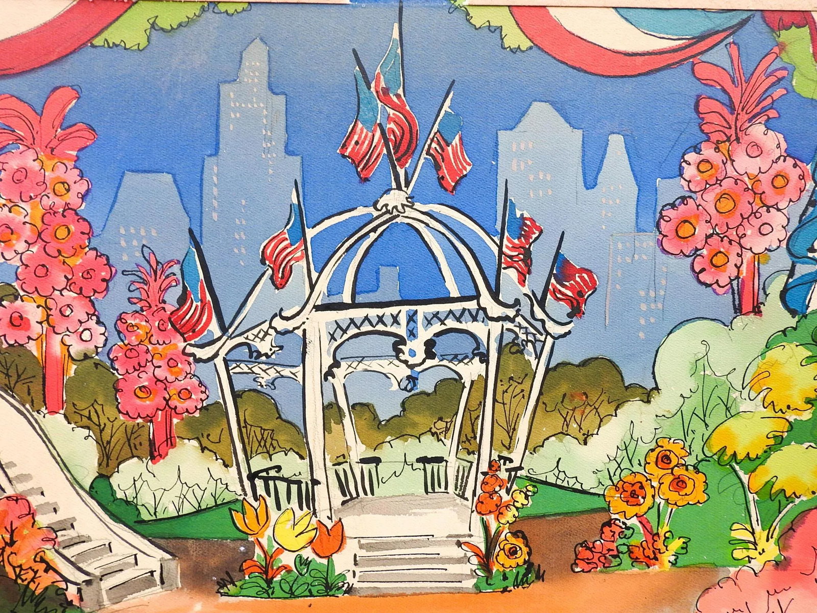 Vintage Mid Century 4th of July Gazebo & Park Scene Watercolor Painting - 2
