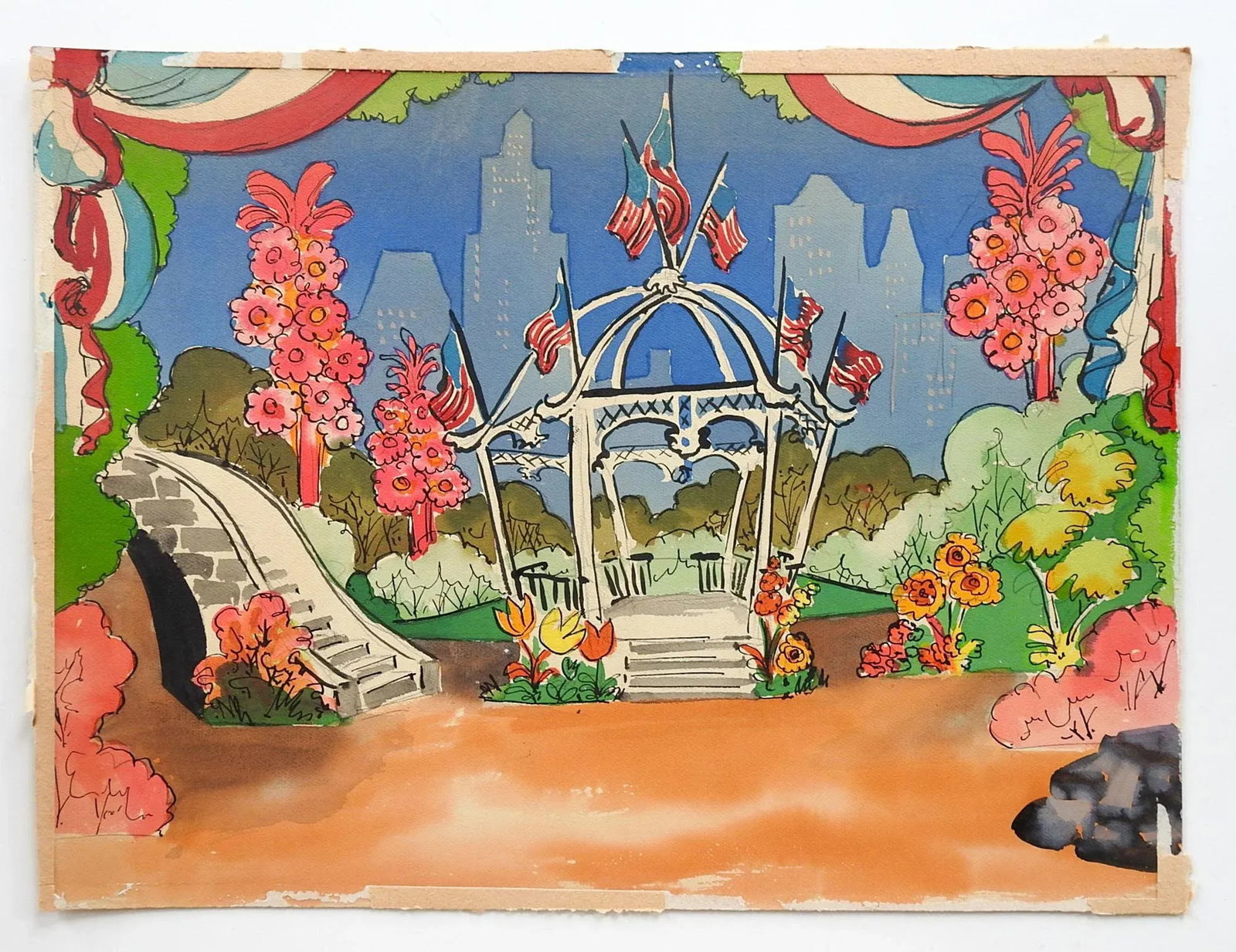 Vintage Mid Century 4th of July Gazebo & Park Scene Watercolor Painting - 3