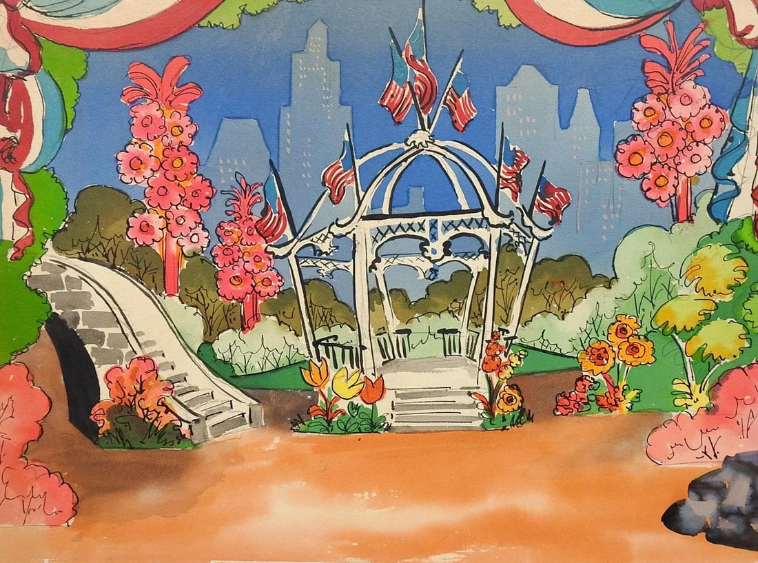 Vintage Mid Century 4th of July Gazebo & Park Scene Watercolor Painting - 4