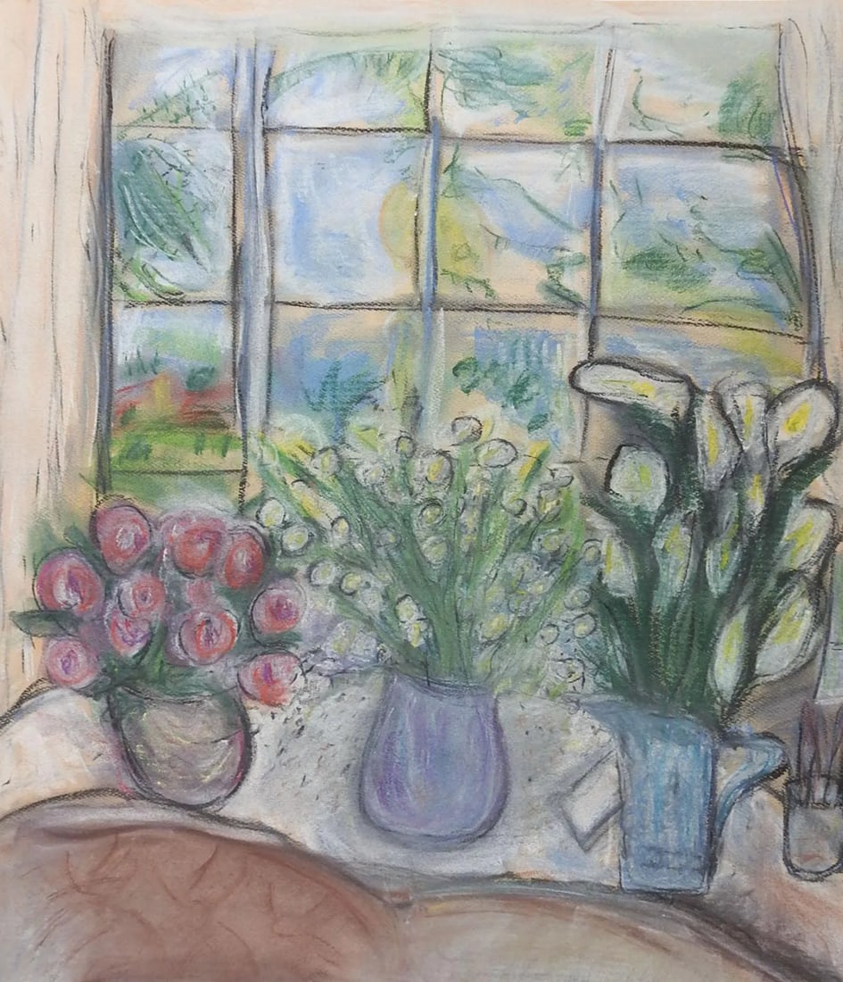 Vintage Modernist Window & Flower Still Life Pastel Painting: Vintage pastel on paper painting of window with flowers still life. Unsigned. Unframed. Condition: Alterations: Original Condition Unaltered Imperfections: Some Imperfections Condition Notes: good con