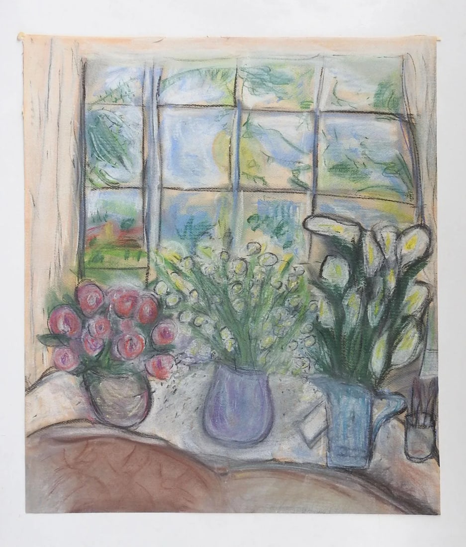 Vintage Modernist Window & Flower Still Life Pastel Painting - 2