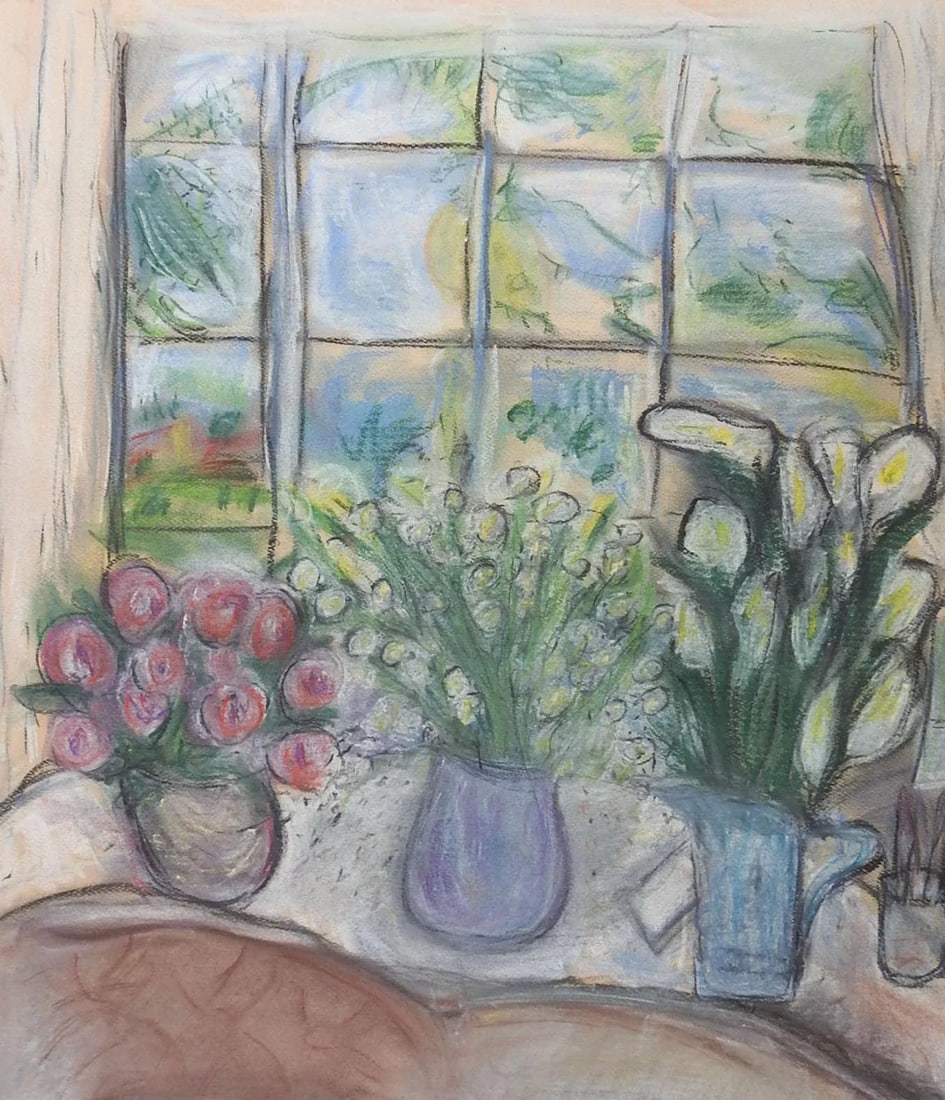 Vintage Modernist Window & Flower Still Life Pastel Painting - 3