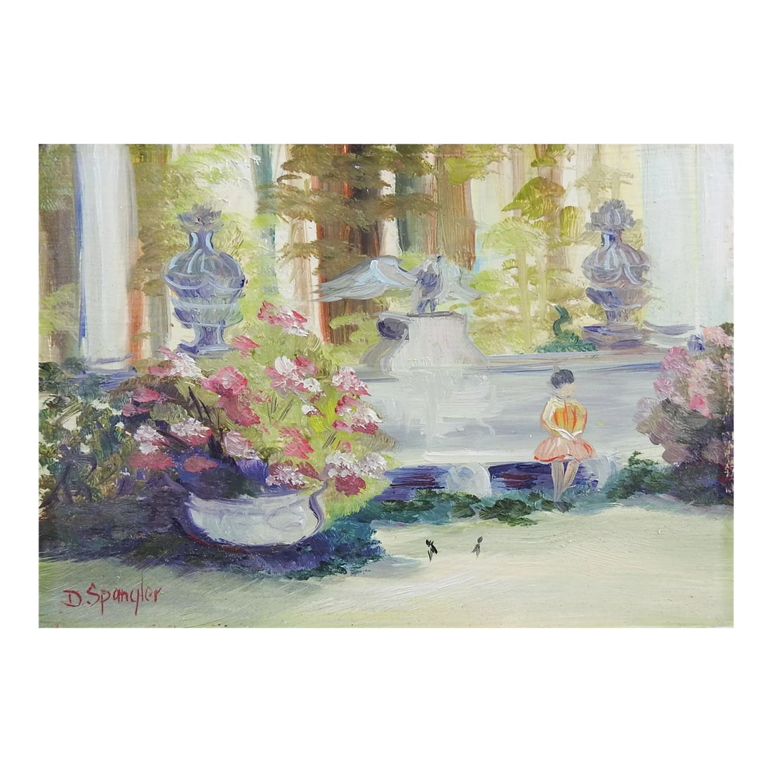 Dorothy Spangler Garden Landscape Painting: Small oil on masonite garden landscape painting by Dorothy Spangler. Signed lower left corner. Unframed. Condition: Alterations: Original Condition Unaltered Imperfections: Some Imperfections