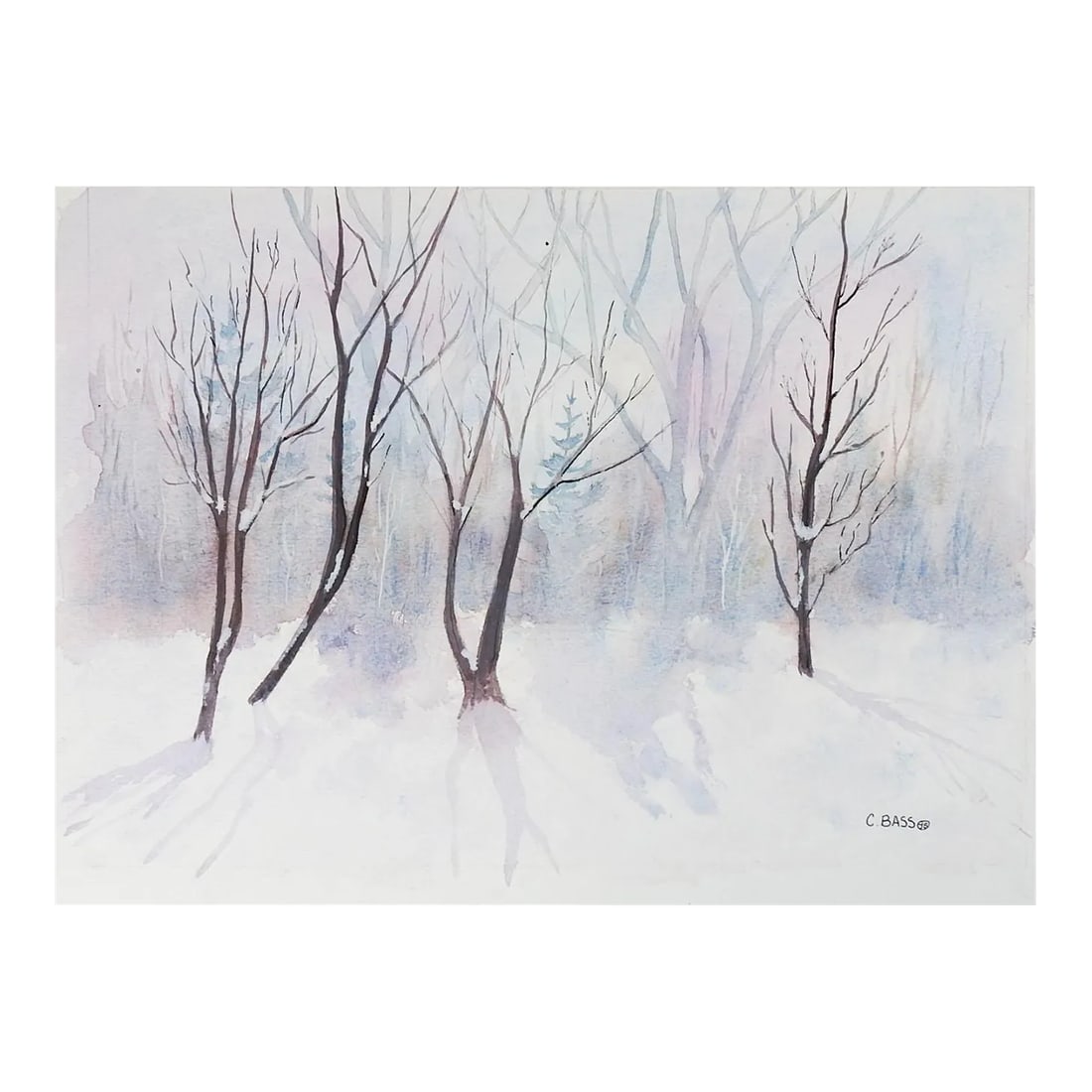 Vintage Impressionist Winter Sunrise Watercolor Painting: Vintage 1995 watercolor on heavy artist board painting. Snowy winter forest at sunrise. Signed and dated C. Bass 1995 lower right corner. Unframed. Condition: Alterations: Original Condition