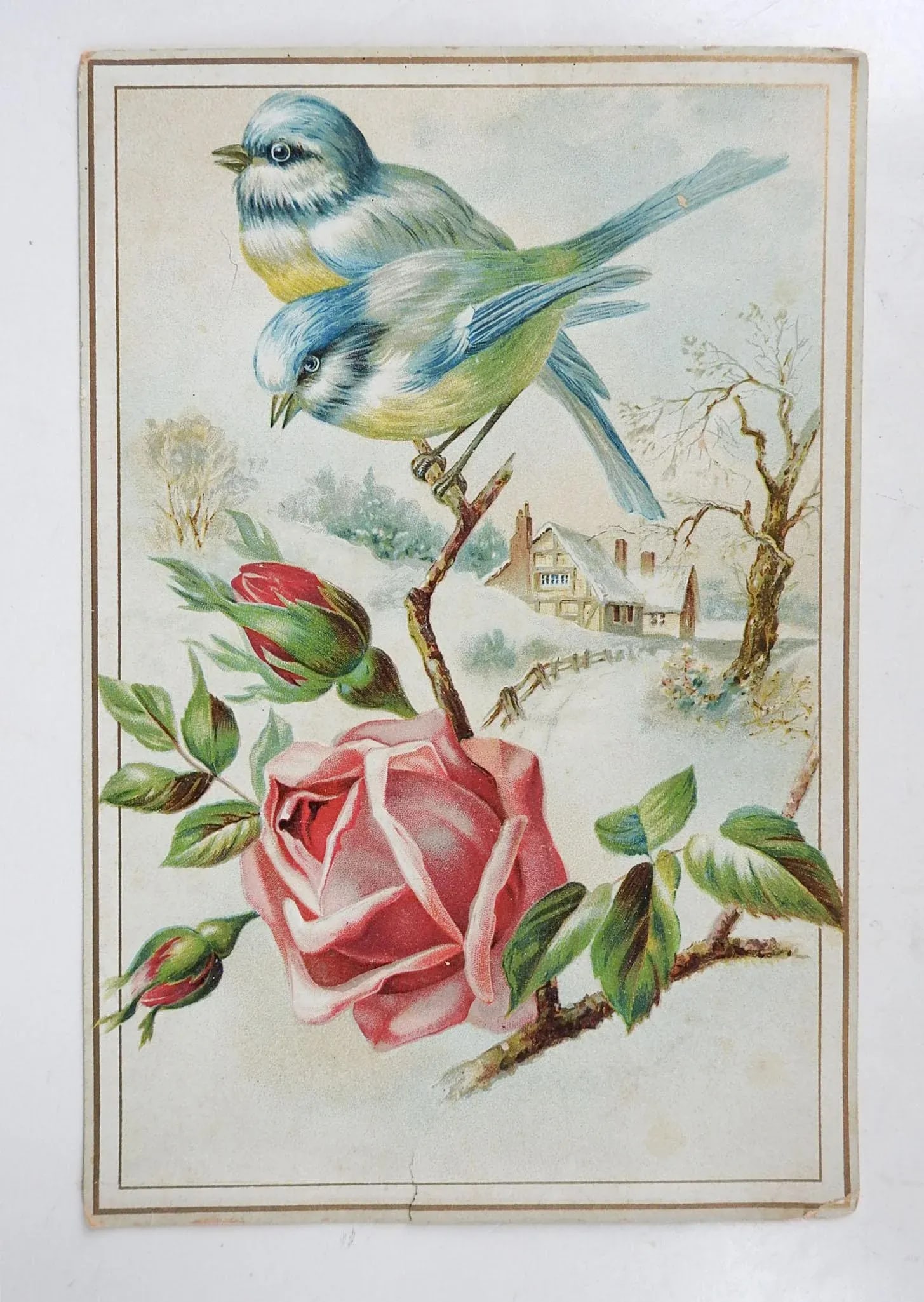Antique Victorian Chromolithograph Bluebirds & Roses - 2