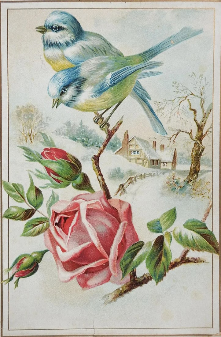 Antique Victorian Chromolithograph Bluebirds & Roses - 3