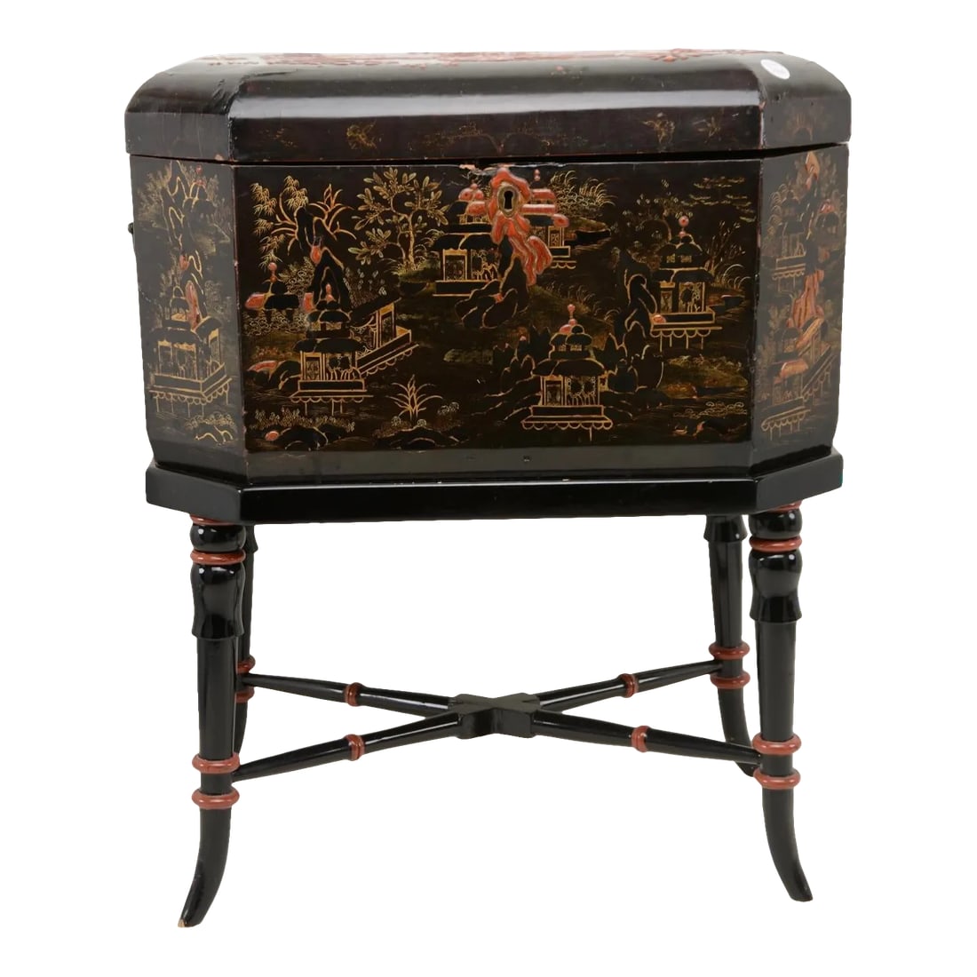 Chinese Black & Red Lacquer Landscape Decorated Box on Stand: Great lacquer decorated box on stand of hexagonal form and having landscape scenes to the exterior. Condition: Alterations: Original Condition Unaltered Imperfections: Some Imperfections Condition