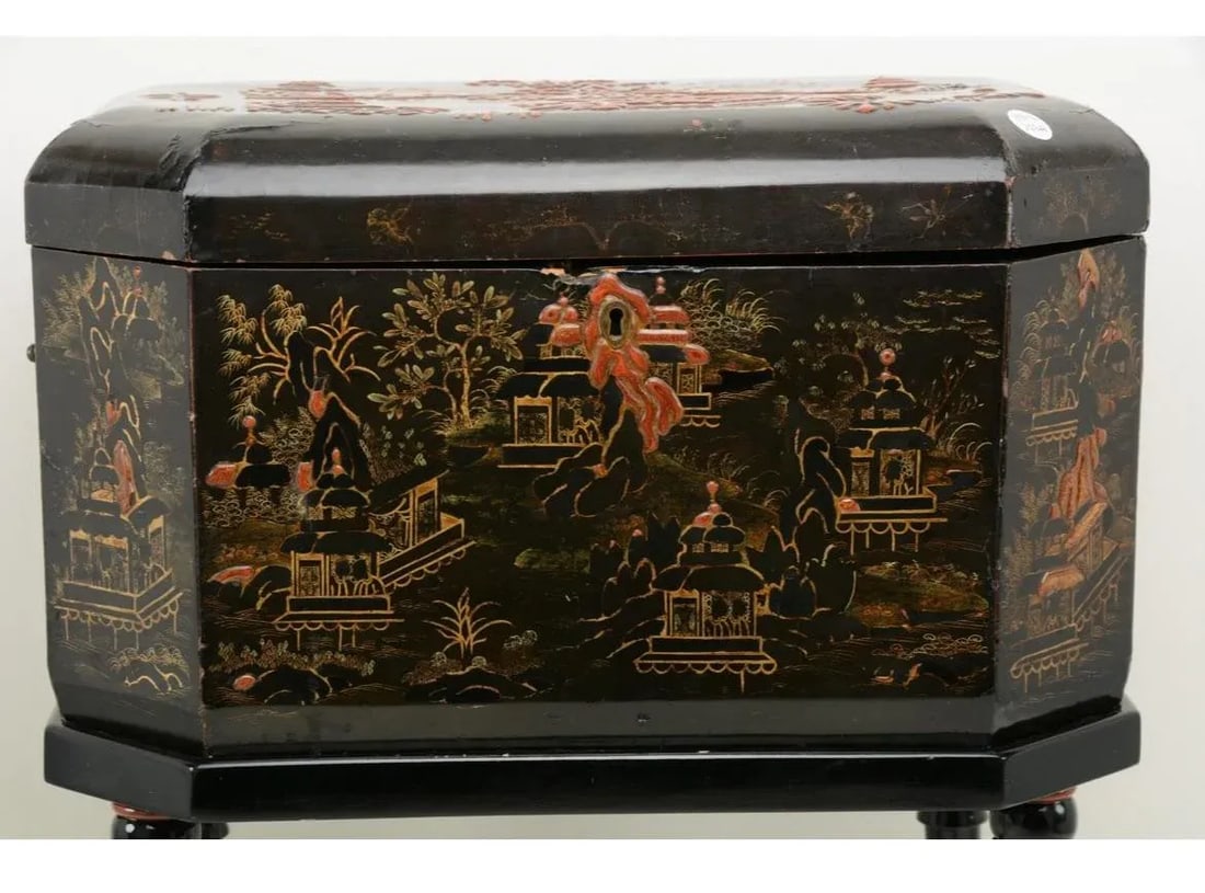 Chinese Black & Red Lacquer Landscape Decorated Box on Stand - 2