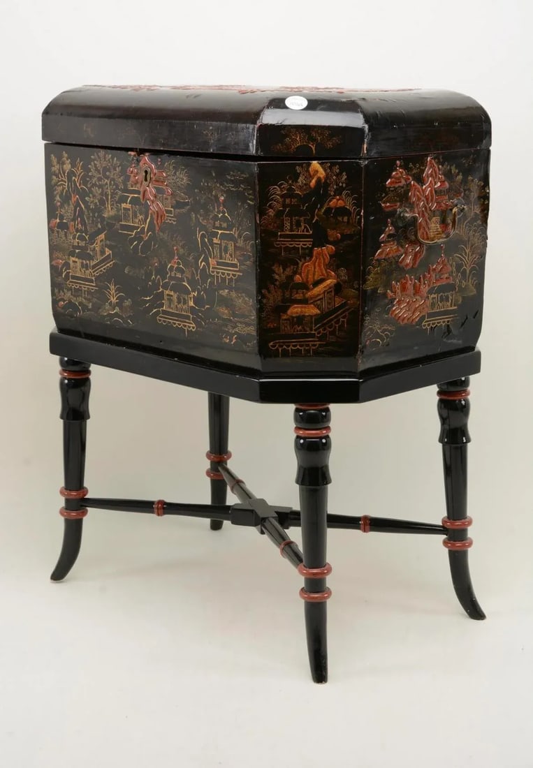 Chinese Black & Red Lacquer Landscape Decorated Box on Stand - 3