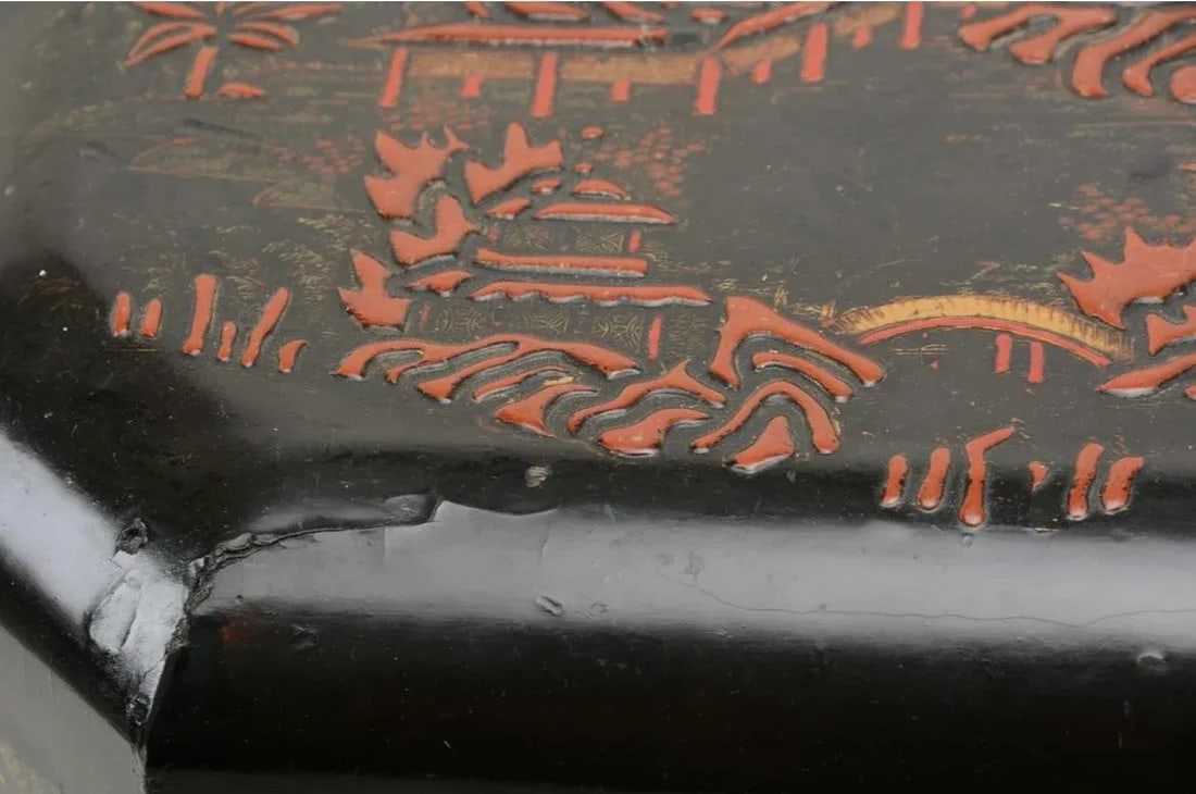 Chinese Black & Red Lacquer Landscape Decorated Box on Stand - 5