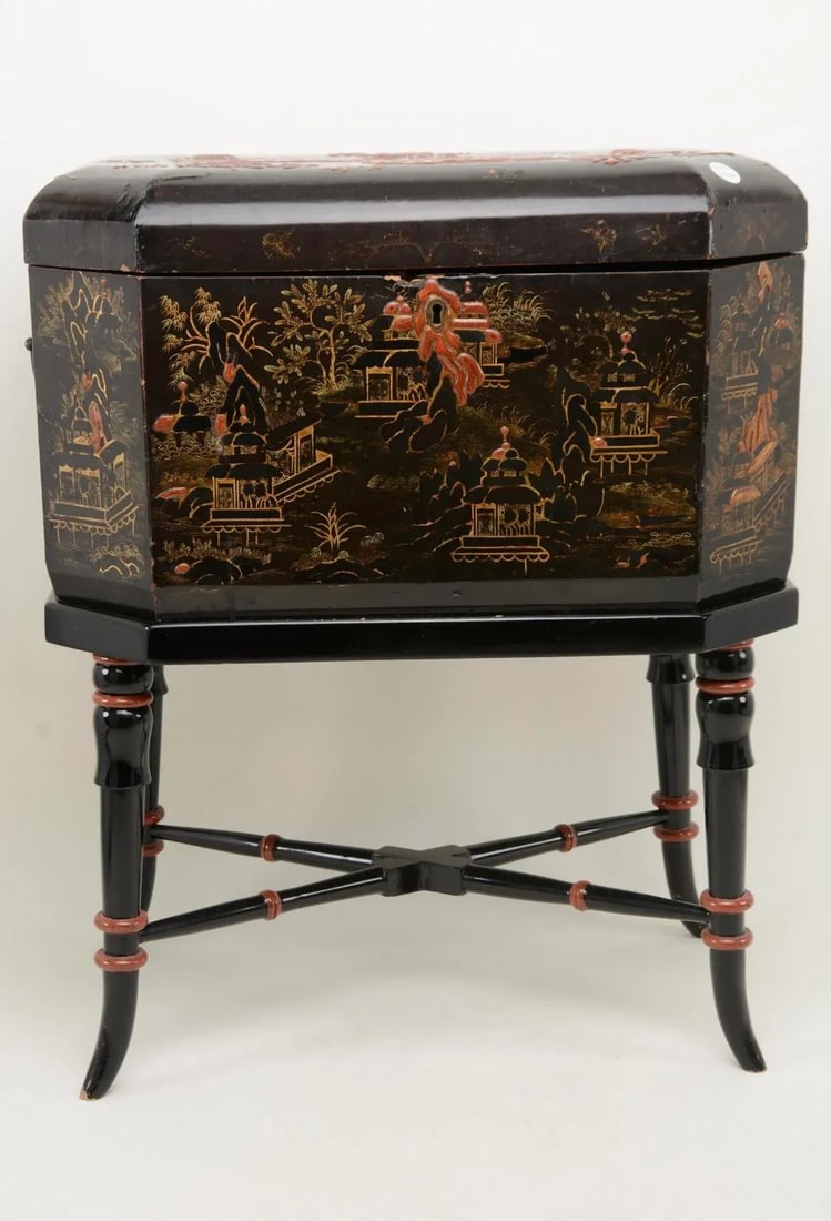 Chinese Black & Red Lacquer Landscape Decorated Box on Stand - 7