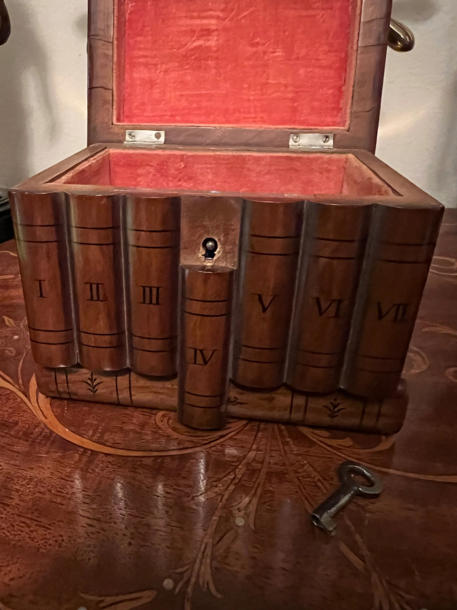 Antique Marquetry Inlaid Faux Book Front "Hidden Storage" Box - 7