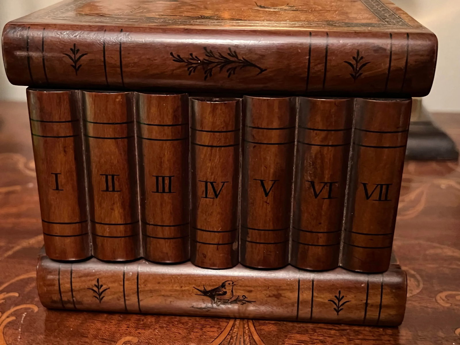 Antique Marquetry Inlaid Faux Book Front "Hidden Storage" Box - 9