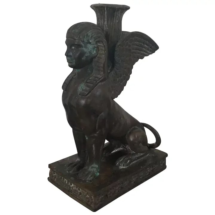 19th Century Grand Tour Egyptian Revival Bronze Winged Sphinx Candlestick - 11