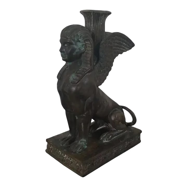 19th Century Grand Tour Egyptian Revival Bronze Winged Sphinx Candlestick: Antique 19th c. Grand Tour Egyptian Revival bronze model of the winged sphinx as a candlestick. Wonderful detail in the casting and good patination. Measures 10 1/4" tall x 6 7/8" x 3 7/8". Heavy