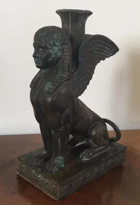 19th Century Grand Tour Egyptian Revival Bronze Winged Sphinx Candlestick - 3