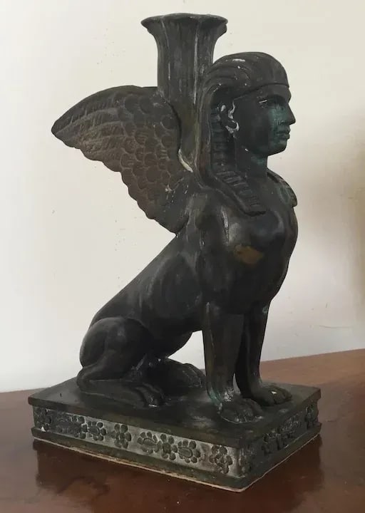 19th Century Grand Tour Egyptian Revival Bronze Winged Sphinx Candlestick - 4