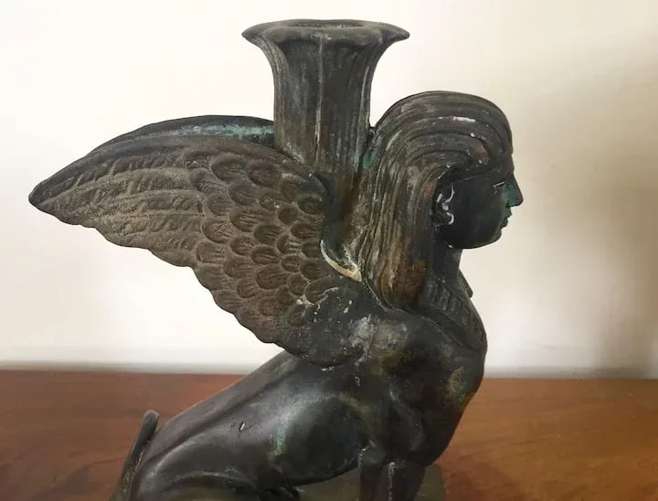 19th Century Grand Tour Egyptian Revival Bronze Winged Sphinx Candlestick - 6