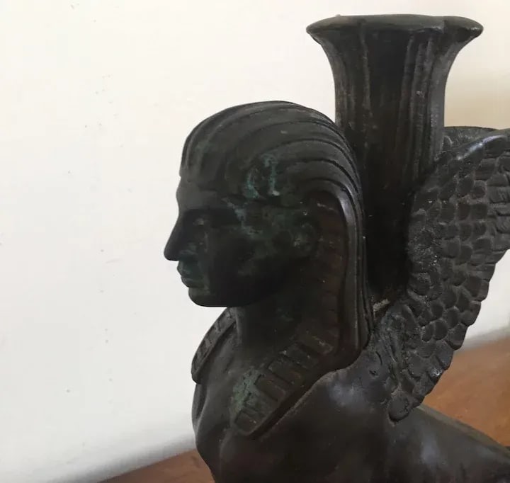 19th Century Grand Tour Egyptian Revival Bronze Winged Sphinx Candlestick - 8