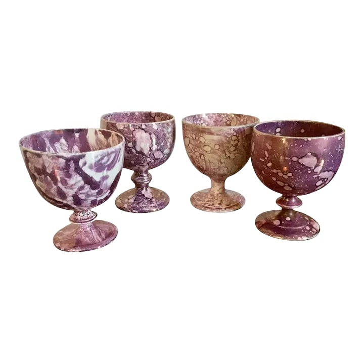 Early 19th Century English Regency Pink Luster Footed Goblets - Set of 4: Set 4 antique early 19th century English Regency Sunderland moonlight luster footed goblets circa 1810. Mottled glaze throughout. Each varies slightly in size - measure 4 1/2" tall x 3 3/4" diameter. 