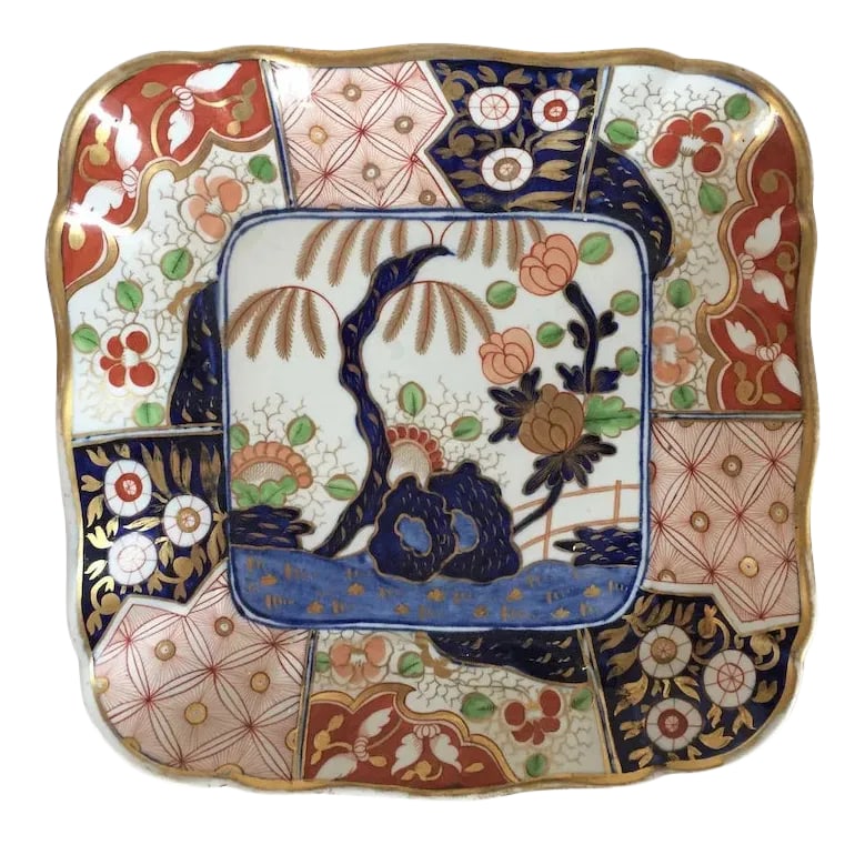 1810 Coalport Porcelain Rock & Tree Imari Square Dessert Dish 1810: Antique 19th c. Coalport imari square deep plate. Decorated in the famed rock and tree pattern favored by the Prince Regent and found at Brighton Pavilion and the royal collections at Buckingham Palac