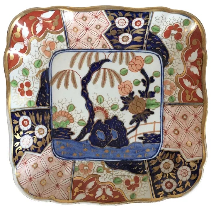 1810 Coalport Porcelain Rock & Tree Imari Square Dessert Dish 1810 - 8